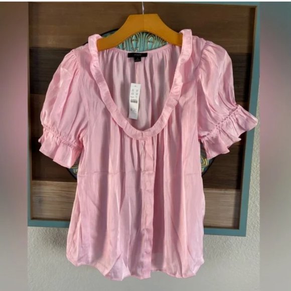NWT JCREW Fresh Bouquet PINK Ruffle featherweight satin scoopneck top - Picture 4 of 10